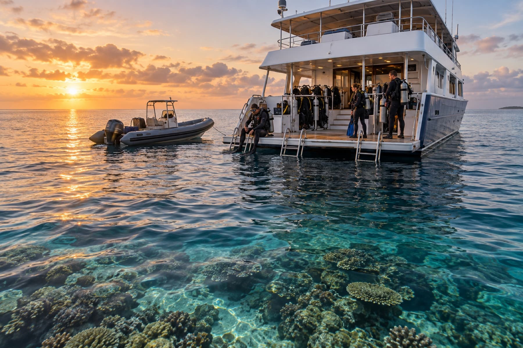 Divers preparing on the stern of a reef liveaboard at sunrise