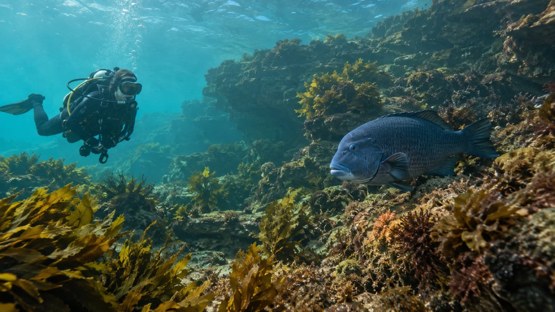 Scuba diver observing an eastern blue groper on a Sydney rocky reef