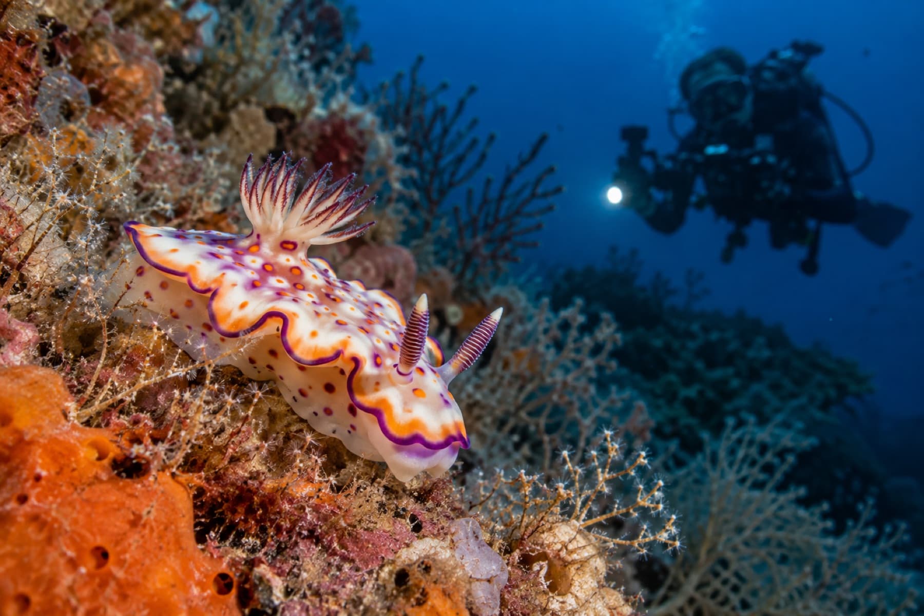 Colourful nudibranch on a sponge garden with a diver behind