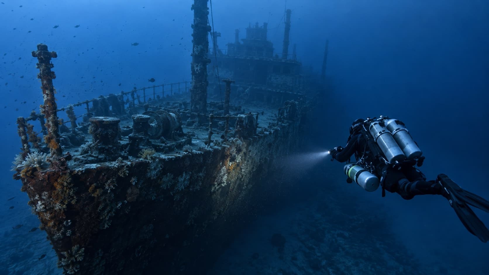 Technical scuba diver approaching a shipwreck in deep blue water